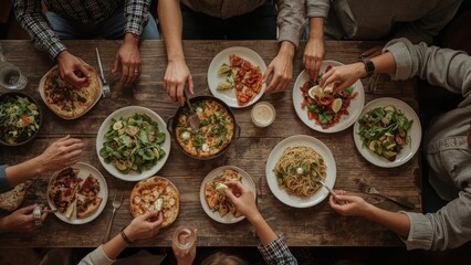 Friends and Family Enjoying a Delicious Homemade Meal Together Around a Wooden Table