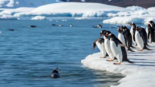 Penguins Swimming and Standing on Ice in Antarctica Daylight