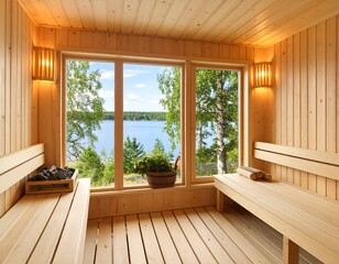 Fototapeta premium Inviting sauna interior with a serene lake view promoting relaxation and well being
