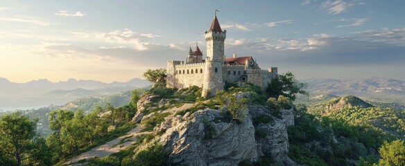 Enchanting old fairytale castle on a top of a hill, in an idyllic landscape, 3d render