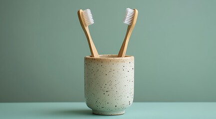 Sustainable Bamboo Toothbrushes in Speckled Ceramic Holder