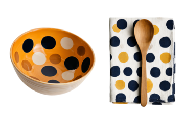 A polka dot-patterned wooden spoon and bowl set with navy blue and white dots on an orange base. The brown wood is painted in black isolated on a transparent background in PNG format