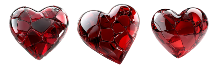 A shattered red crystal heart with intricate fractures and glossy texture isolated on white transparent background, symbolizing broken love