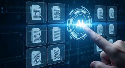 Artificial Intelligence document search concept hand pressing virtual screen activating AI technology for smart data analysis and information processing