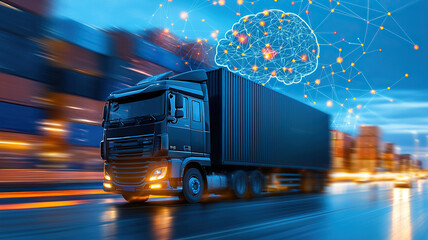 Logistics truck driving through port, symbolizing AI powered demand forecasting with digital brain overlay. scene conveys innovation