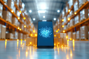 Smartphone displaying digital network graphic stands in warehouse surrounded by stacked boxes, symbolizing logistics and technology integration