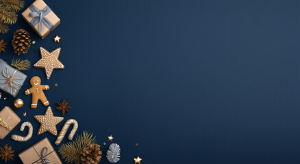 Dark Blue & Gold Christmas Flat Lay: Minimalist Gingerbread, Candy Cane, Pine Cones on Navy Background, Cinematic Hyper-Realistic