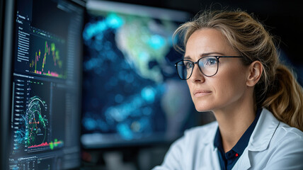 Focused professional analyzing data multiple screens, showcasing advanced technology and global information. atmosphere reflects dedication