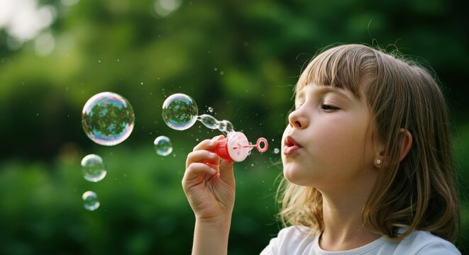 Young Girl Blowing Bubbles in Green Garden.