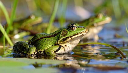 Obraz premium Frogs resting in shallow water amongst reeds