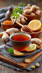 Dark tea with ginger, lemon, and herbs
