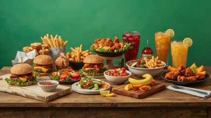 Delicious feast of burgers chicken wings fries and salads on a wooden table