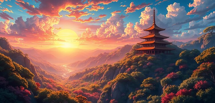 A breathtaking cinematic landscape unfolds, vibrant colors paint a classic anime backdrop, beautiful cell-shaded detail, movie, atmosphere