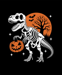 T-Rex Skeleton Holding Jack-o’-Lantern – Halloween Dinosaur Design with Full Moon, Bats, and Stars on Black Background