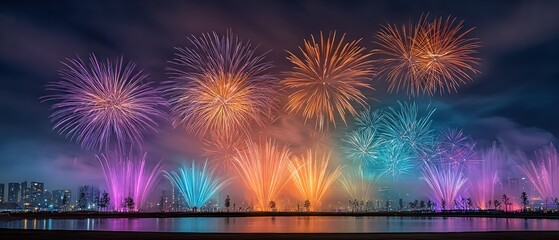Colorful fireworks display over a waterfront city at night