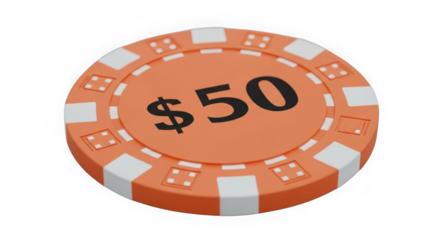 Ai generated image of orange poker chip with 50 value, isolated on transparent background