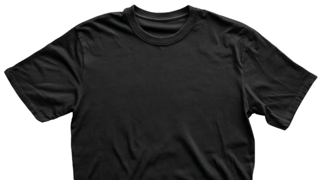 High-resolution blank black t-shirt template in PNG format with flawless transparent background for professional apparel mockups and seamless graphic design integration - Powered by Adobe