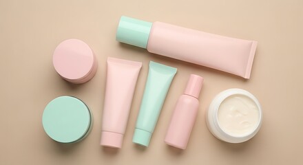 Naklejka premium Cosmetic Product Arrangement Pink and Green
