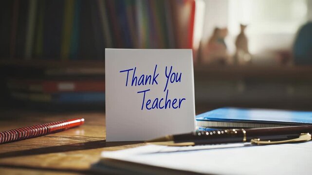 Thank you note for a teacher displayed on a desk with stationery during a warm afternoon