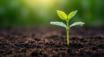 Fototapeta premium Young Plant Sprout with Water Droplets in Soil.