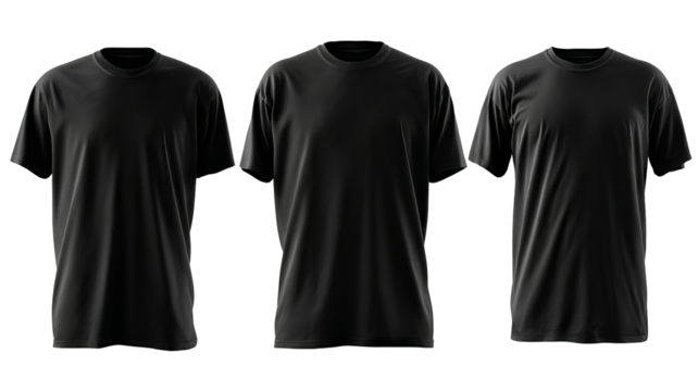 Full blank black t-shirt template in high-resolution PNG with transparent background for seamless apparel cutout mockups and graphic design integration