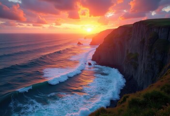 Obraz premium vibrant sunset over rocky coastal cliff dramatic seascape naturecolors view adventure landscape, sky, ocean, shore, waves, dusk, cloud, textured, horizon, scenic, beauty