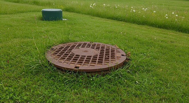 Manhole cover in grassy field