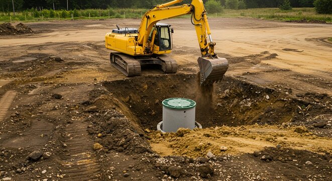 Excavator Digging Hole for Concrete Structure at Construction Site