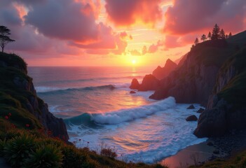 vibrant sunset over rugged cliffside beaches dramatic view ocean waves colors natural beauty, sky, horizon, rocks, seaside, sand, dusk, seascape