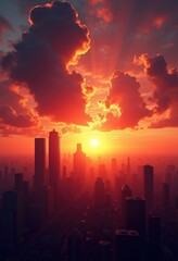 vibrant sunset over stunning city skyline silhouettes rich colors dramatic clouds, twilight, buildings, horizon, urban, dusk, landscape, colorful