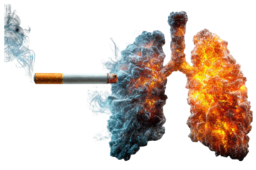 Smoking Cigarette Damage to Lungs Concept with Fire and Smoke on Isolated Transparent Background