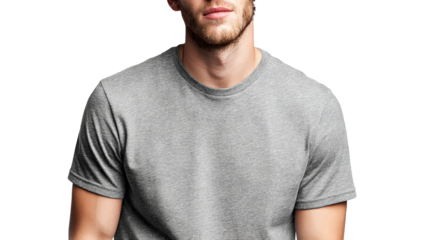 Premium high-resolution gray t-shirt mockup on seamless transparent background, crisp PNG cutout ideal for apparel design showcases and e-commerce product presentations