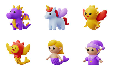 Charming collection of whimsical fantasy creatures including a dragon, unicorn, mermaid, and elf.