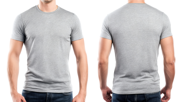 Premium high-resolution gray t-shirt mockup on seamless transparent background, crisp PNG cutout ideal for apparel design showcases and e-commerce product presentations