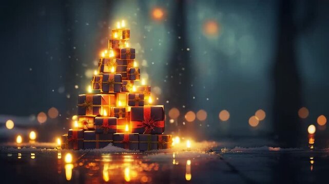 This video features a colorful stack of beautifully wrapped gifts arranged in the shape of a christmas tree, glowing warmly. Perfect for greeting video cards and festive holiday messages.