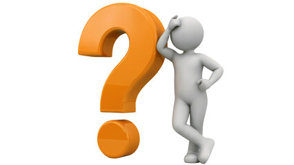 Puzzled 3D character contemplating a large orange question mark, seeking answers isolated on transparent background