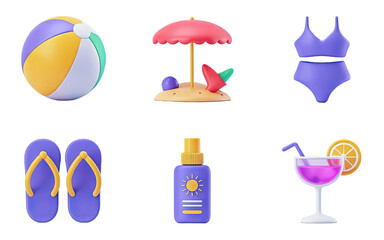 Vibrant summer beach essentials collection including a beach ball, bikini, flip-flops, and refreshing drink