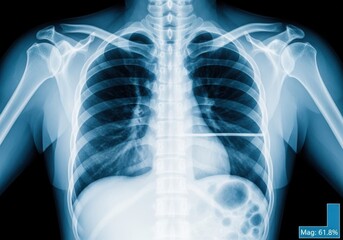 An xray of a human chest showing the lungs, rib cage, and heart for medical diagnosis