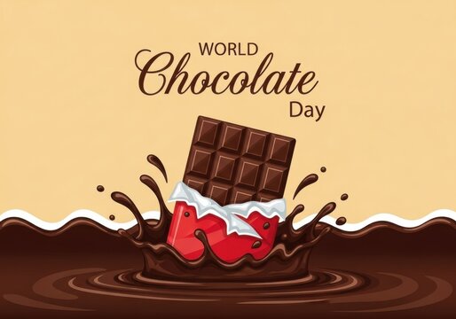 A delicious chocolate bar splashing into a pool of chocolate on world chocolate day, celebrating the sweet treat - Powered by Adobe