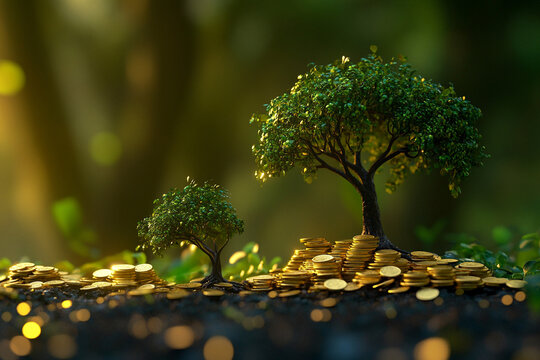 Small Tree Growing on Pile of Gold Coins for Investment Growth Concept
