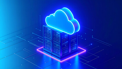 Cloud server icon with glowing blue elements, representing modern technology and data storage solutions