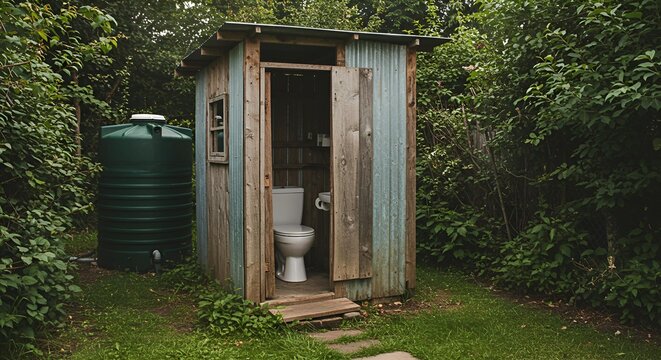 Outhouse toilet surrounded by greenery