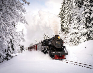 Classic steam train travels through snowy landscape, surrounded by tall evergreen trees, creating picturesque winter scene