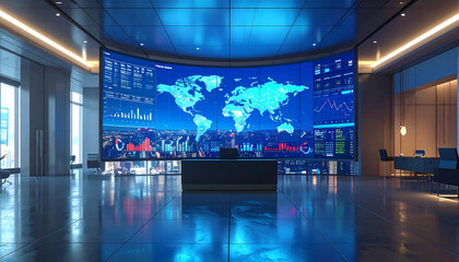 Modern trading room featuring large digital display with global market data, graphs, and world map. sleek design and blue