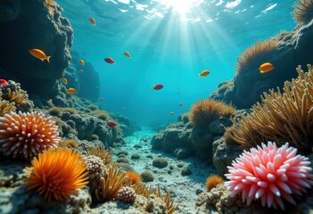 Fototapeta premium vibrant tide pools discovering colorful marine life rich ecosystem underwater beauty, seaweed, creature, shell, fish, starfish, urchin, coral, sand, beach