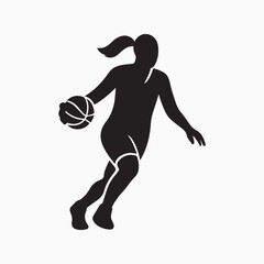 Silhouette of a female basketball player dribbling a ball
