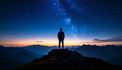 Silhouette of person standing on mountain peak under starry sky, gazing at Milky Way, evokes sense of wonder and tranquility