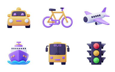 Vibrant 3D transportation icons including taxi, bicycle, airplane, ship, bus, and traffic light.