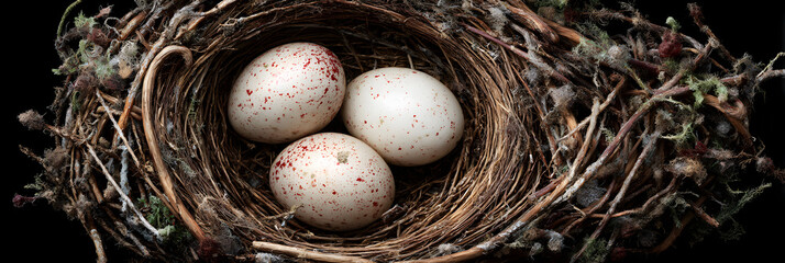 Obraz premium Discover the Beauty of Nature: A Serene Bird Nest Cradling Precious Eggs - A Glimpse into the Fascinating World of Avian Life and its Delicate Beginnings