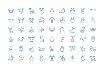 Obraz premium Vector art of assortment of winter and christmas icons featuring animals, festive items, and seasonal symbols, isolated on white background